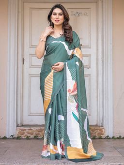 ALMAARI FASHION - Women Printed Green Saree with Unstitched Blouse