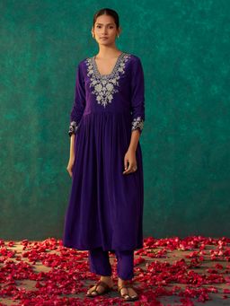 arangya - Women Embroidered Pure Crepe Purple Kurta and Pant