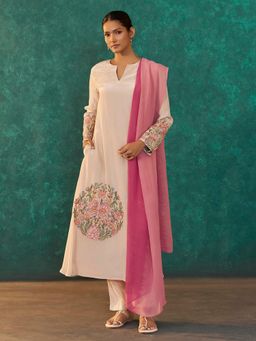 arangya - Women Embroidered Pure Crepe Off White Kurta with Pant and Dupatta