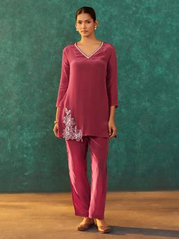 arangya - Women Embroidered Pure Crepe Pink Co-Ord Set