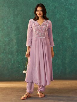 arangya - Women Embroidered Pure Crepe Lavender Kurta and Pant