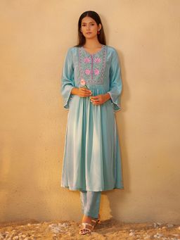 arangya - Women Embroidered Pure Crepe Light Blue Kurta and Pant