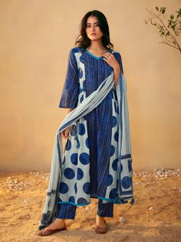 arangya - Women Printed Pure Cotton Navy Blue Kurta with Pant and Dupatta