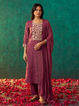 arangya - Women Embroidered Tessar Silk Purple Kurta with Pant and Dupatta