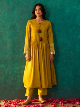arangya - Women Embroidered Tessar Silk Mustard Kurta and Pant