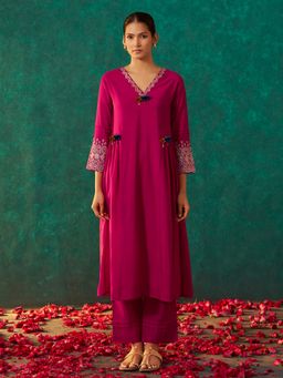 arangya - Women Embroidered Roman Silk Pink Kurta and Pant