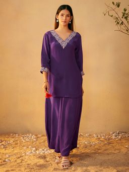 arangya - Women Embroidered Pure Crepe Purple Kurta and Palazzo