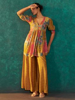 arangya - Women Embroidered Silk Mustard Co-Ord Set