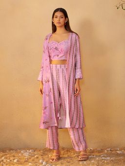 arangya - Women Printed Silk Purple Jacket with Crop Top and Pant