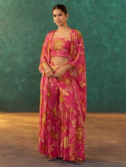 arangya - Women Printed Silk Pink Jacket with Crop Top and Sharara