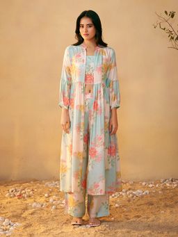 arangya - Women Printed Silk Multicolor Jacket with Crop Top and Pant