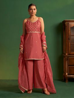 arangya - Women Chanderi Coral Kurti with Palazzo and Dupatta