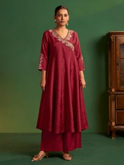 arangya - Women Pure Viscose Maroon Angarkha Kurta and Palazzo