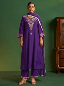 arangya - Women Chanderi Purple Kurta with Pant and Dupatta