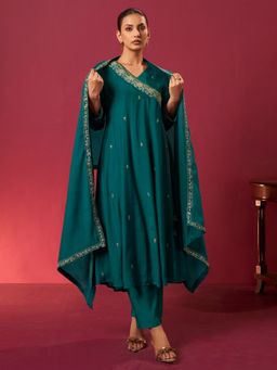 arangya - Women Chanderi Teal Angarkha Kurta with Pant and Dupatta