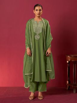 arangya - Women Chanderi Olive Kurta with Pant and Dupatta