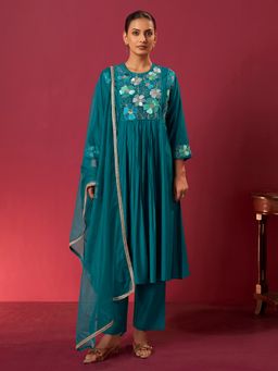 arangya - Women Chanderi Teal Kurta with Pant and Dupatta