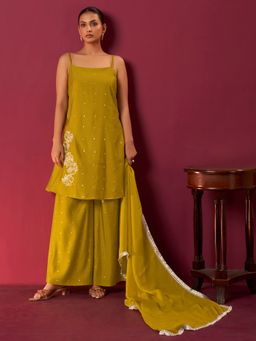 arangya - Women Chanderi Mustard Kurta with Palazzo and Dupatta