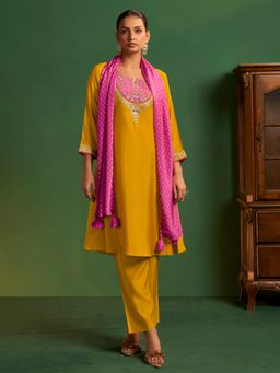 arangya - Women Chanderi Yellow Kurta with Pant and Dupatta