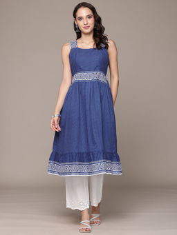 SILSELAH - Navy Blue Polka Dot Printed Gathers A-Line Kurta