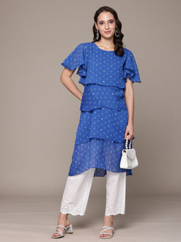 SILSELAH - Blue Floral Printed Flare Sleeves Layered Kurta