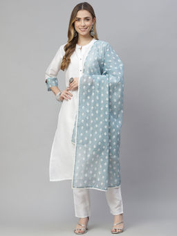 Ziyaa - Womens White Color Solid Straight Kurta,pant And Dupatta Set