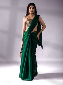 Swtantra - Metallic Emerald Green Embellished Sequined Saree without Blouse