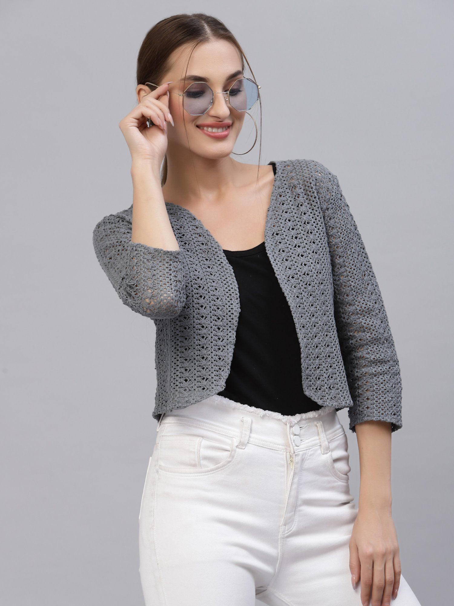 style quotient Women Grey cotton self design lace crop open front shrug-picture-13