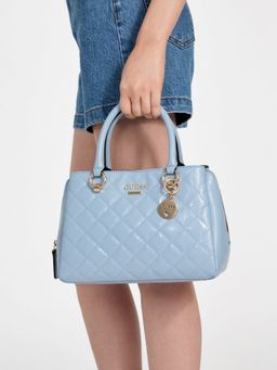 Guess - Women Blue Quilted Printed Satchel Bag with Detachable Strap