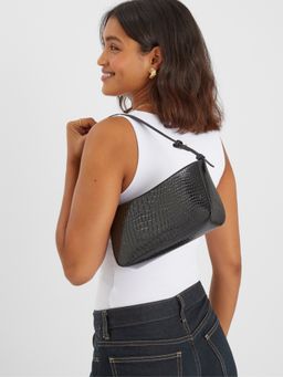 Accessorize London - Women Black Faux Croc Textured Shoulder Bag