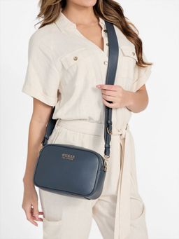 Guess - Women Navy Blue Solid Barten Top Zip Crossbody Bag