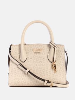 Guess - Women Beige Printed Beryln Satchel Bag with Detachable Strap