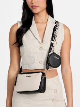 Guess - Women Cream and Black Mini Zipper Crossbody Bag with Pouch