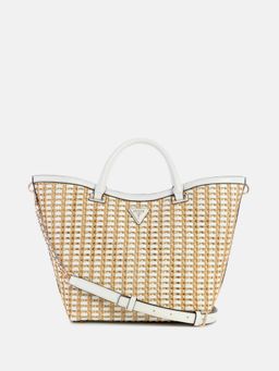 Guess - Women White Natural Textured Tote Bag with Detachable Strap
