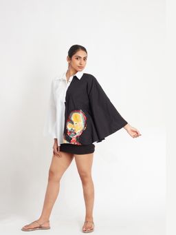 Richaa Goenka - Half Black and White Loose Fit Cotton Poncho Shirt