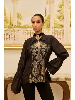 Dareiss - Black Gilded Legacy Habotai Silk Shirt with French Lace Panels