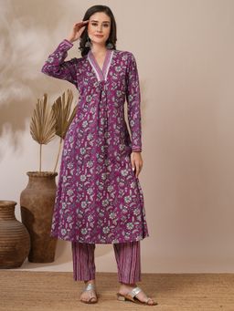 FASHOR - Purple Floral Printed A-Line Kurta with Stripes Pant (Set of 2)