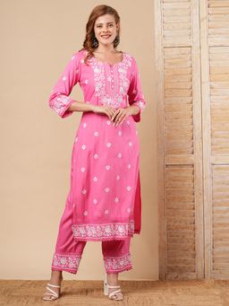 FASHOR - Pink Chikankari Embroidered Straight Fit Kurta and Pant (Set of 2)
