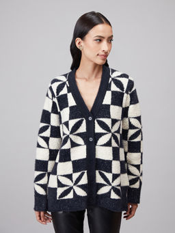 Twenty Dresses by Nykaa Fashion - Black And White Geometric Floral Long Cardigan