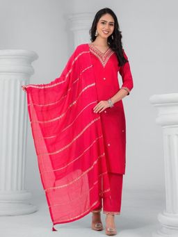 Odette - Red Yoke Embroidered Kurta Set with Dupatta