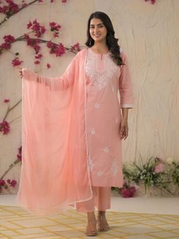 Odette - Peach Cotton Blend Embroidered Kurta Set with Dupatta
