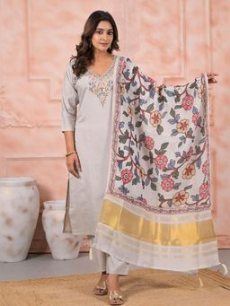 Odette - Grey Embroidered Kurta Set with Printed Dupatta