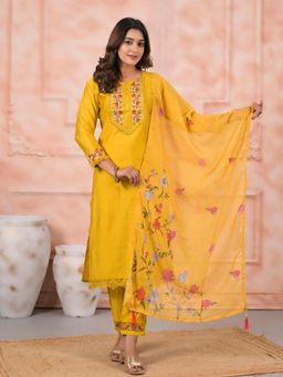 Odette - Yellow Embroidered Kurta Set with Printed Dupatta