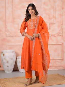 Odette - Orange Silk Blend Embroidered Kurta Set for Women