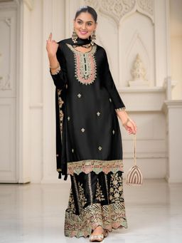 Odette - Black Chinon Embroidered Kurta and Palazzo Set