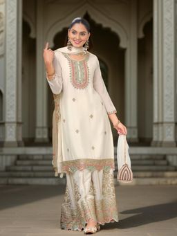 Odette - White Chinon Embroidered Kurta and Palazzo Set