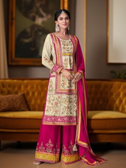 Odette - Pink and Cream Chinon Embroidered Kurta and Palazzo Set