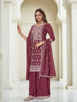 Odette - Dusty Maroon Chinon Embroidered Kurta and Palazzo Set