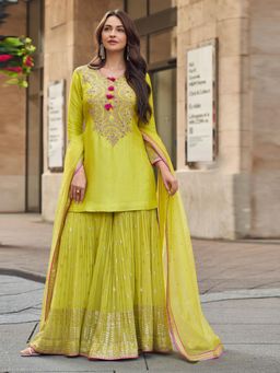 MEENA BAZAAR - Yellow Embroidered AHL Palazzo Set With Dupatta