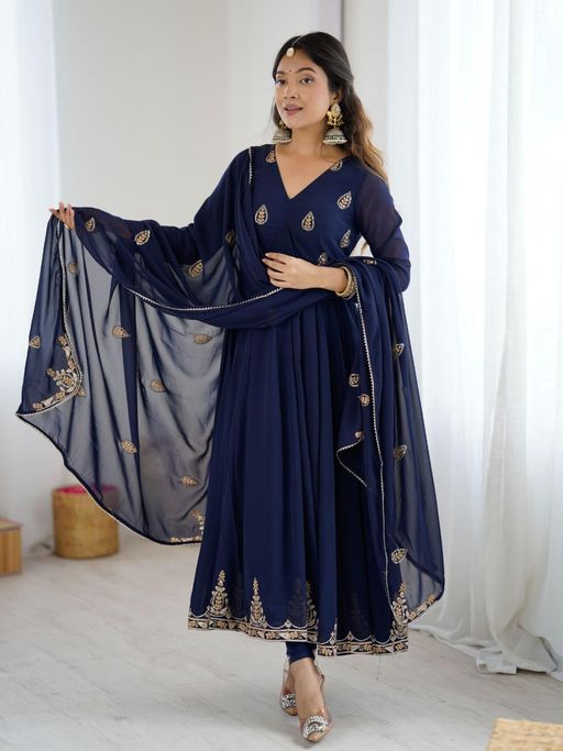Odette Navy Blue Georgette Embroidered Kurta Set for Women